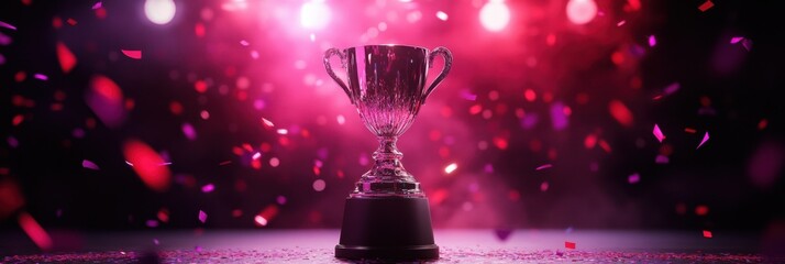 Shiny trophy under colorful lights and falling confetti