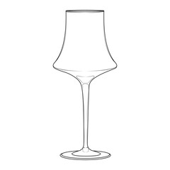 An elegant line illustration of an empty wine glass. Minimalistic black outline drawing for bar menus, kitchen decor, or modern vector design.