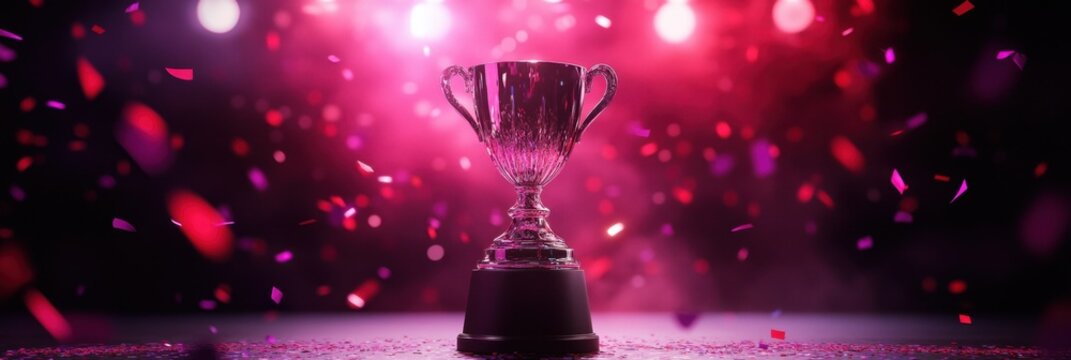 Shiny trophy under colorful lights and falling confetti