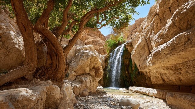En Gedi Waterfall - Canyon Cascade in Asia with Tree Branch and Cliff Background