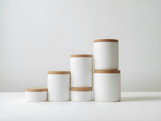 A set of minimalist white ceramic storage jars with wooden lids arranged neatly on a white surface, representing simplicity and modern kitchen aesthetics