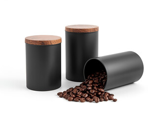 A minimalist black coffee container with wooden lid and roasted coffee beans spilled on a white surface, symbolizing modern kitchen style and caffeine culture