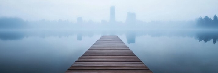 Serene misty lake with wooden pier and city skyline in background