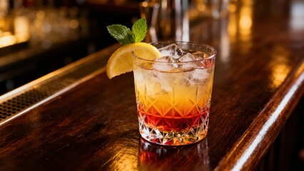 Ornate glass holds layered chilled beverage garnished with citrus slice and fresh herb sprig on polished wood surface