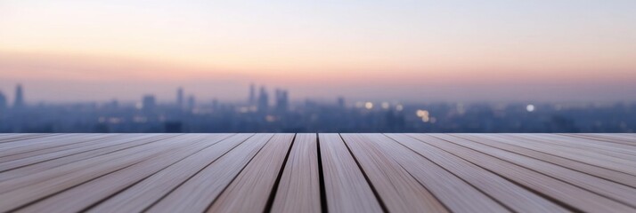 Empty wooden deck overlooking urban cityscape at sunset
