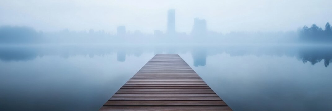 Serene misty lake with wooden pier and city skyline in background
