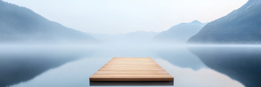 Tranquil lake with wooden pier and misty mountains - Powered by Adobe