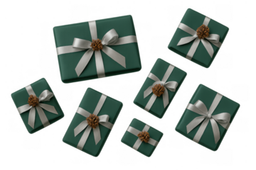 Green gift boxes with silver ribbons and pinecones, elegant christmas presents, holiday season delivering