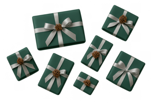 Green gift boxes with silver ribbons and pinecones, elegant christmas presents, holiday season delivering