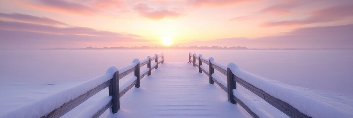 Serene winter sunset over snowy pier and tranquil waters