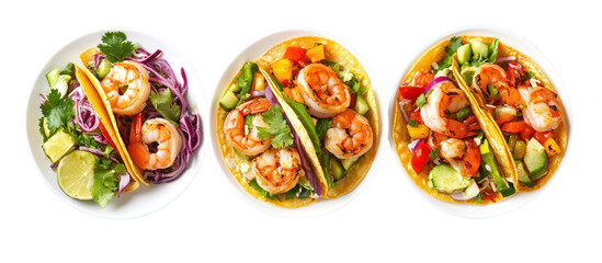 Three fresh shrimp tacos with colorful toppings isolated on transparent background