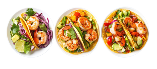 Three fresh shrimp tacos with colorful toppings isolated on transparent background