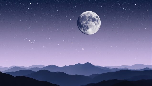 Nighttime Mountain Range with a Full Moon and Starry Sky.