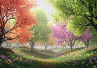 Enchanting forest path winding through vibrant spring trees and colorful wildflowers.