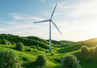 Wind turbine standing tall on vibrant green hills under a bright blue sky, clean energy
