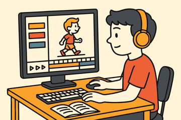 Young boy wearing headphones animates a character on a computer screen