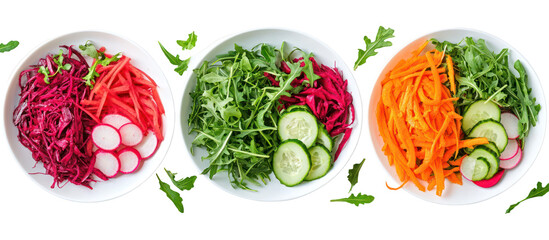 Three bowls of fresh salad ingredients isolated on transparent background