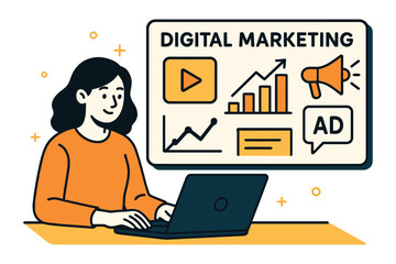 Woman working on laptop with digital marketing concepts on screen