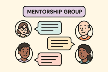 Diverse mentorship group communicating ideas through chat bubbles