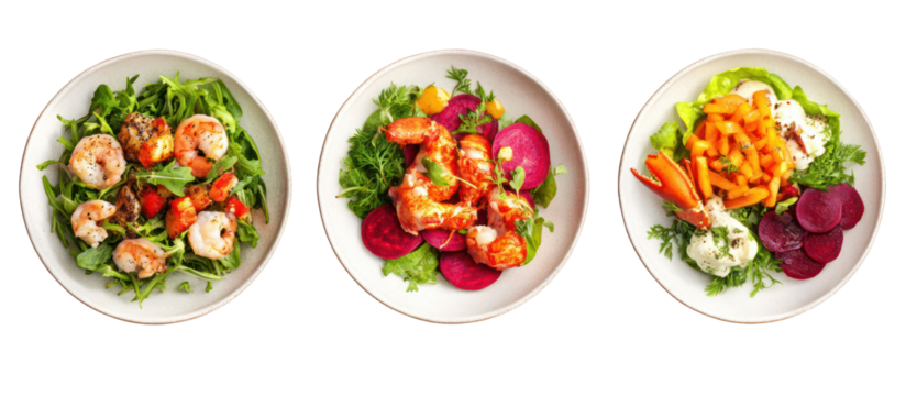 Three oval plates of shrimp salad with greens and beets isolated on transparent background