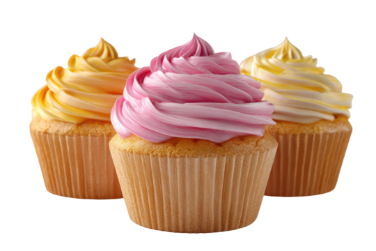 Three cupcakes with colorful frosting