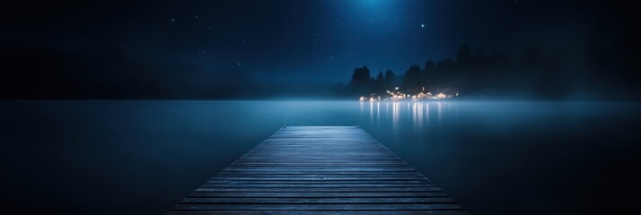 Tranquil night lake with wooden pier and distant lights under starry sky