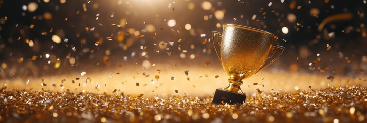 Golden trophy amidst falling confetti for celebration
