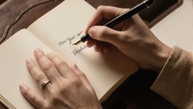 Person writing in a journal with a fountain pen, close-up.