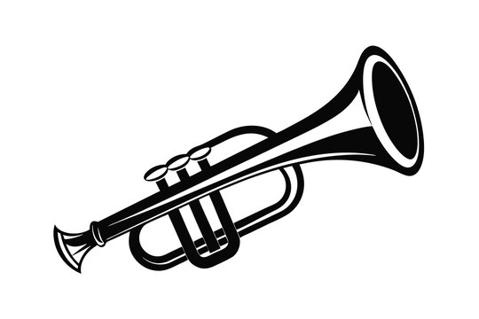 Classic black silhouette of a brass trumpet musical instrument on a white background