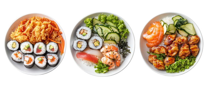 Three oval plates of sushi and seafood assortment isolated on transparent background - Powered by Adobe
