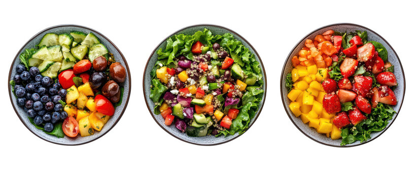 Three colorful fruit and vegetable salads isolated on transparent background