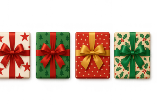 Presents packed for holiday celebration, featuring various patterns of christmas wrapping paper and bows. Transparent background