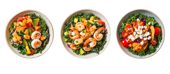 Three oval bowls of fresh salad with shrimp and vegetables isolated on transparent background