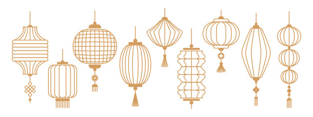 Collection of Chinese Lanterns in different shapes. Chinese New Year icons, symbols and decoration. Classic Asian lantern. Flat linear minimalist geometric vector illustration