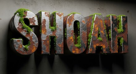 Weathered and moss covered 3d letters spelling out the word Shoah on a textured wall