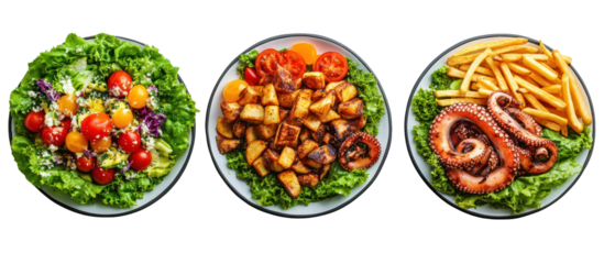 Three oval shaped platters of food including salad octopus and fries isolated on transparent background