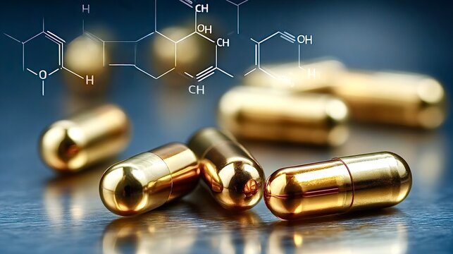 Golden capsules displaying molecular chemical structure research - Powered by Adobe
