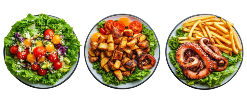 Three oval shaped platters of food including salad octopus and fries isolated on transparent background