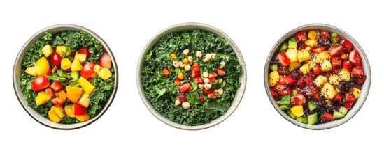 Three oval bowls of colorful chopped salad isolated on transparent background