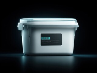 Sterile clinical storage container laboratory product photography dark environment close-up innovative design