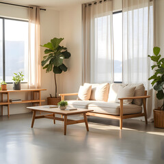 Bright and airy living room with natural light comfortable sofa wooden coffee table and lush green plants