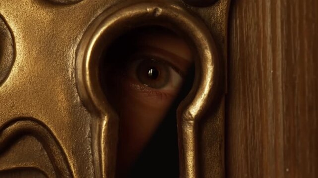 An eye peers through an ornate keyhole, hinting at secrets, mystery, and possible intrusion in an intriguing, vintage-inspired composition.