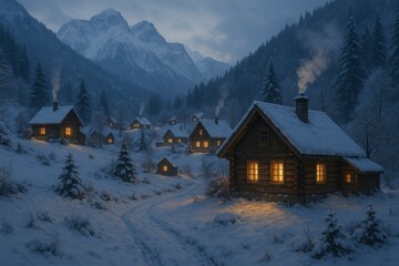 Fototapeta premium Village Houses under First Snow