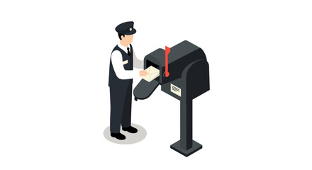 Mail carrier delivering letter to isometric mailbox