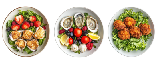 Three ovals of seafood and salad isolated on transparent background
