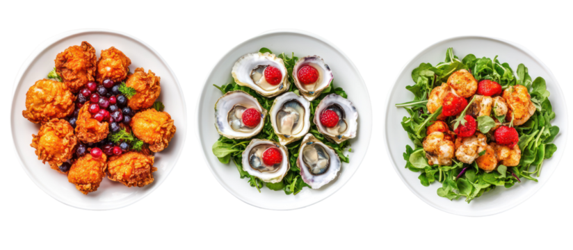 Three oval platters of seafood appetizers isolated on transparent background