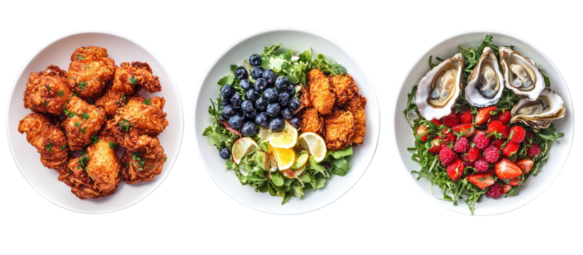Three oval platters of food isolated on transparent background