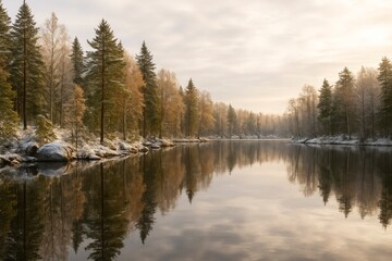 Fototapeta premium Lake Shore with First Snow
