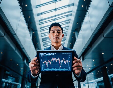 Male financial analyst in a suit, holding a tablet displaying a rising stock market graph in a modern, abstract architectural setting. - Powered by Adobe