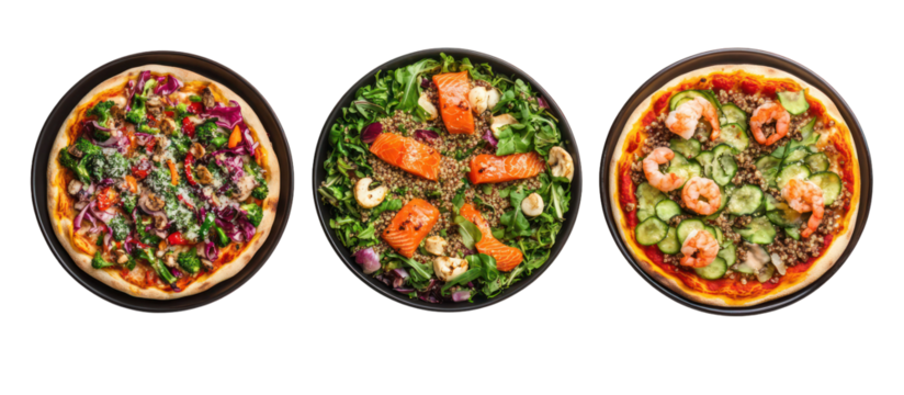 Three oval shaped pizzas with different toppings isolated on transparent background